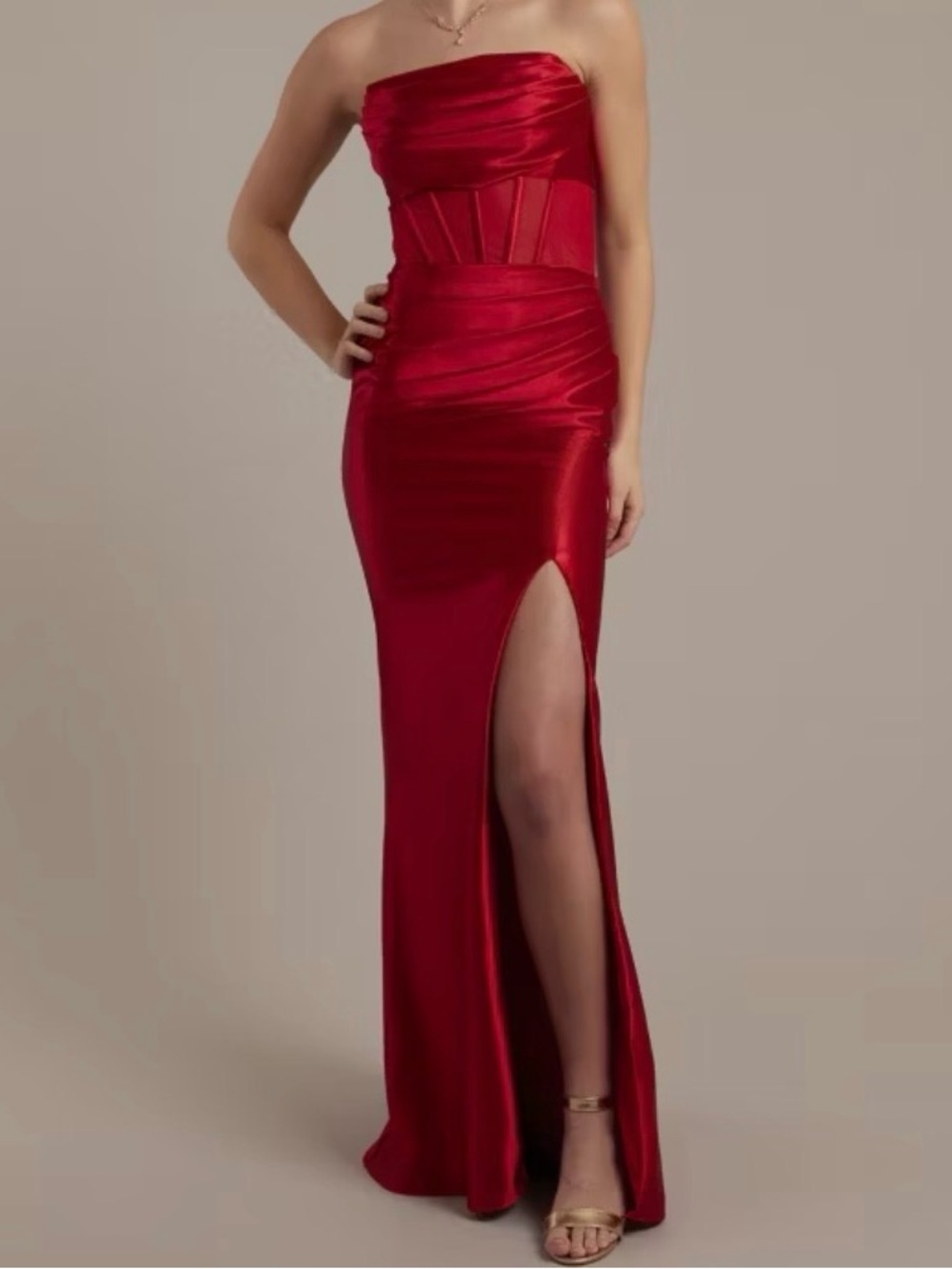 Red Sculpting Satin Draped Corset Sheath Dress